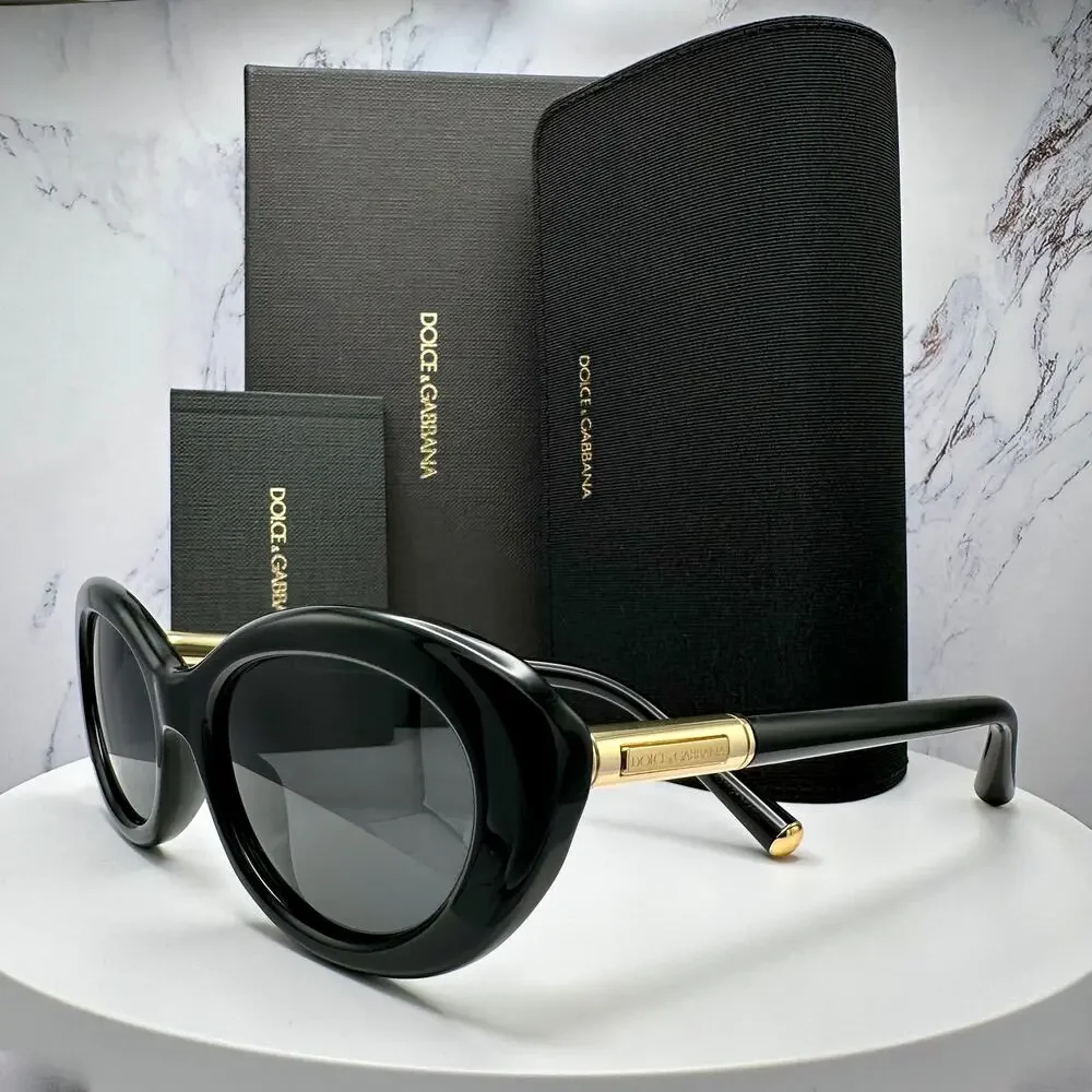 New Dolce & Gabbana Sunglasses Black Oval Cat Eye Gold Metal Logo 54-18